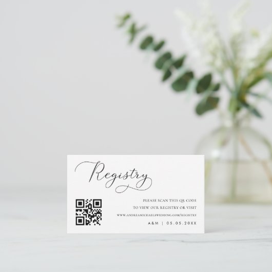 繊細なシックなスクリプトQrコード結婚のギフトレジストリ エンクロージャーカード (スタンド正面)