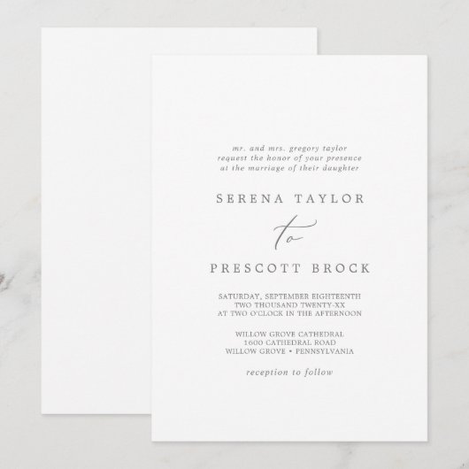 繊細なシルバーカリグラフィーの伝統的な結婚式 招待状 (正面/裏面)