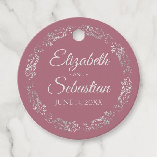 繊細なシルバーボーダー エレガントなダスティーローズピンクのウェディング フェイバータグ (正面)