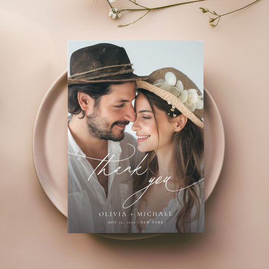 繊細なスクリプシンプルトの写真結婚の サンキューカード