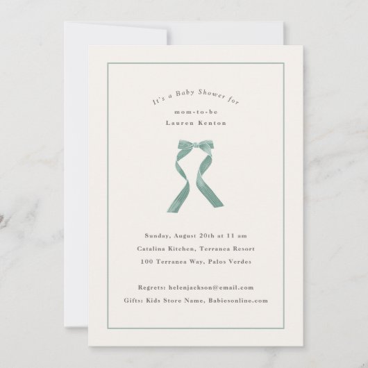繊細なセージ緑の弓クラシックの赤ちゃんシャワー 招待状 (正面)