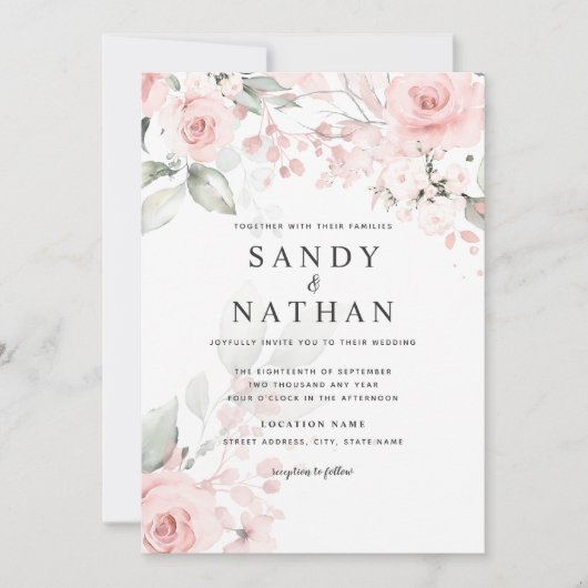 繊細なソフトピンクローズ結婚式招待状 招待状 (正面)