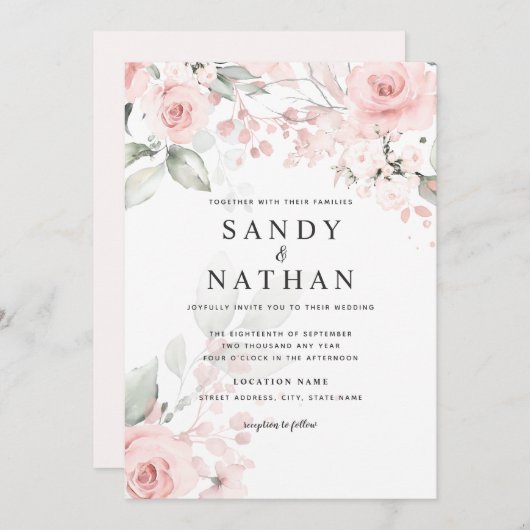 繊細なソフトピンクローズ結婚式招待状 招待状 (正面/裏面)