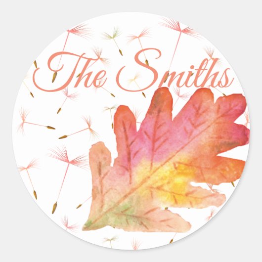 繊細なタンポポと秋の葉 ラウンドシール (正面)
