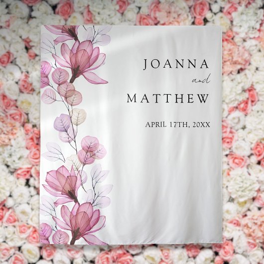 繊細なダスティーローズの花を飾ったスタイリッシュなフォトブースの背景 タペストリー