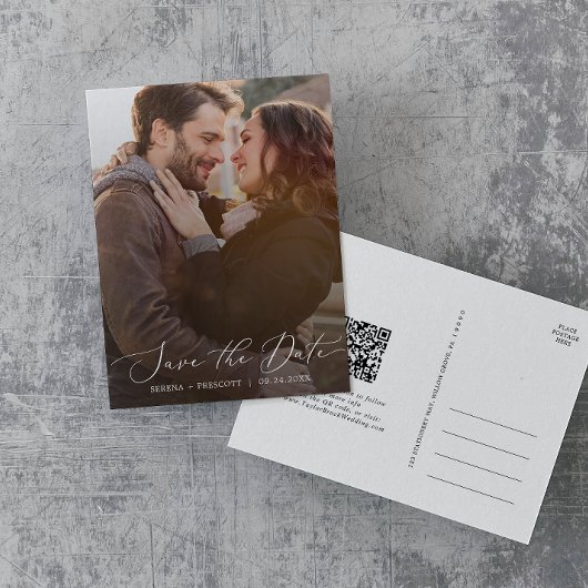 繊細なダークフォトオーバーレイQRコード日付を保存 インビテーションポストカード