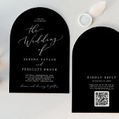 繊細なダークブラックQRコードボホアーチ結婚ーズ 招待状