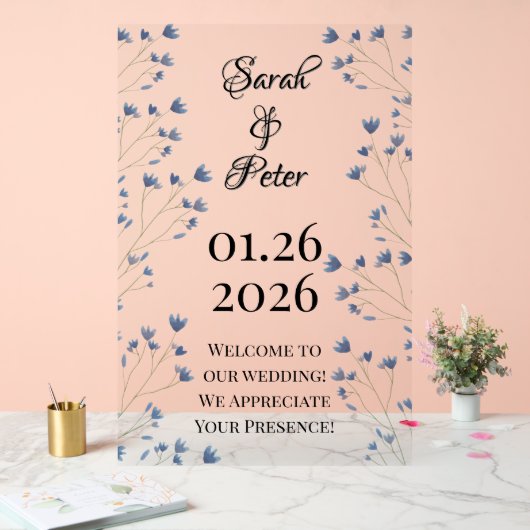 繊細なダークブルーのワイルドフラワーロマンチック結婚ズ アクリルサイン (ウェディング)