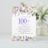 繊細なデザインの100歳の誕生日パーティー 紫色のバラの花束 招待状 (スタンド正面)