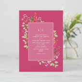 繊細なネオンワイルドフラワーホットピンク結婚ズイニシャル 招待状 (スタンド正面)