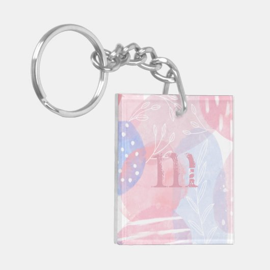繊細なバラと青の抽象的な水彩の形 キーホルダー (正面左)