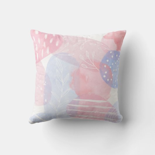 繊細なバラと青の抽象的な水彩の形 クッション (裏面)