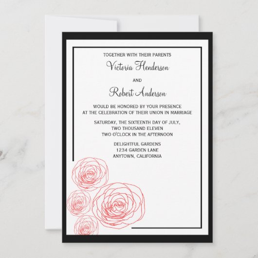 繊細なバラ結婚式招待状、黒と赤 招待状 (正面)