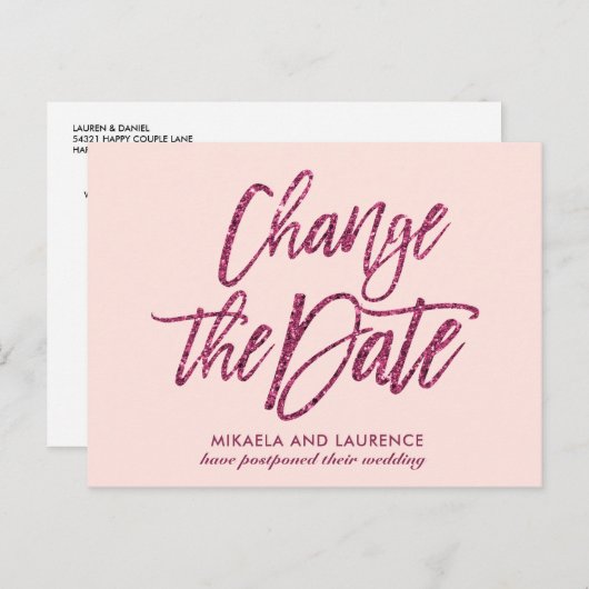 繊細なバラ色のグリッター文字変更日付 案内ポストカード (正面/裏面)