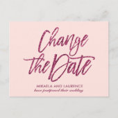 繊細なバラ色のグリッター スクリプト 日付変更 案内ポストカード (正面)