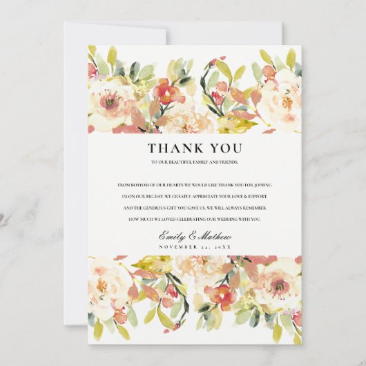 繊細なバラ色のピンクの水彩花のウェディング サンキューカード (正面)