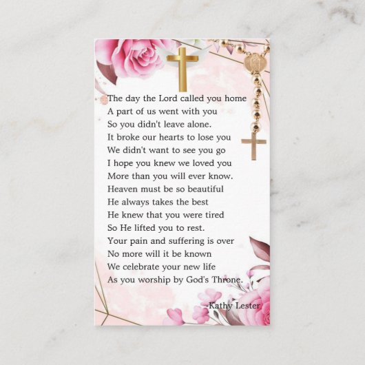 繊細なバラ色の赤面記念祈りの言葉フォトカード 名刺 (裏面)