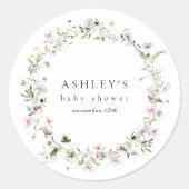繊細なパープルの花のベイビーシャワーステッカー ラウンドシール (正面)