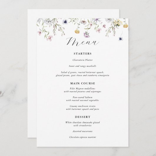 繊細なパープルの野生の花の結婚式メニュー メニュー (正面/裏面)