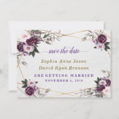 繊細なパープルピンクの芍薬の花 ゴールドのウェディング セーブザデート (正面)