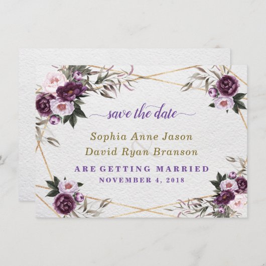 繊細なパープルピンクの芍薬の花 ゴールドの結婚式 セーブザデート (正面/裏面)