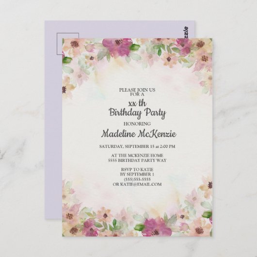 繊細なピンクとパープルの水彩花の誕生日 ポストカード (正面/裏面)