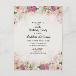 繊細なピンクとパープルの水彩花の誕生日 ポストカード