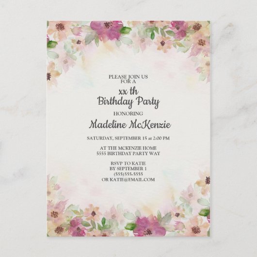 繊細なピンクとパープルの水彩花の誕生日 ポストカード (正面)