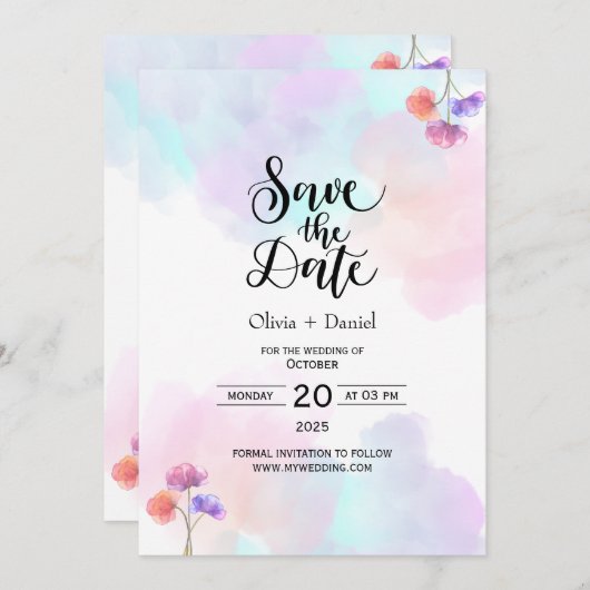 繊細なピンクとブルーの結婚式招待状 招待状 (正面/裏面)