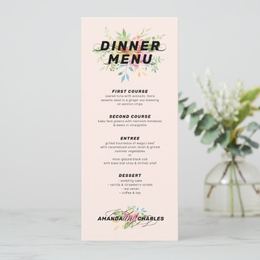 繊細なピンクと黄色の花のブーケ＆パターン 招待状 (スタンド正面)