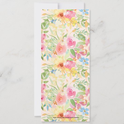 繊細なピンクと黄色の花の花束とパターン 招待状 (裏面)