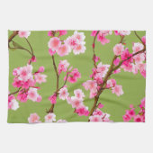 繊細なピンクのさくらんぼがチャートリーズグリーンに咲く キッチンタオル (横)
