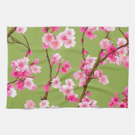 繊細なピンクのさくらんぼがチャートリーズグリーンに咲く キッチンタオル