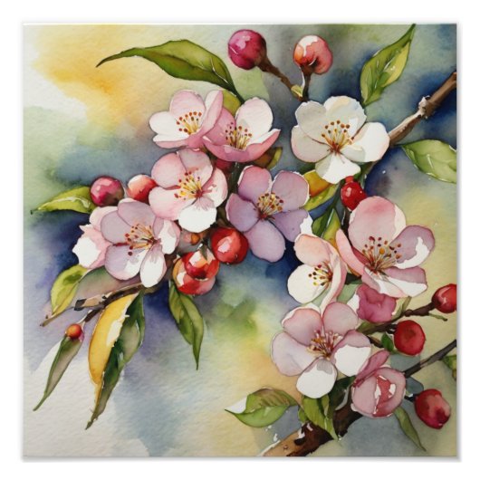 繊細なピンクのさくらんぼ花水色絵画の フォトプリント            (正面)