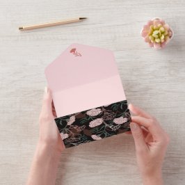 繊細なピンクのカーネーションとグリーン離れフローラ オールインワン招待状