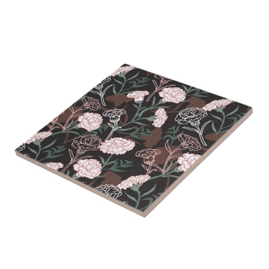 繊細なピンクのカーネーションとグリーン離れフローラ タイル (側面)