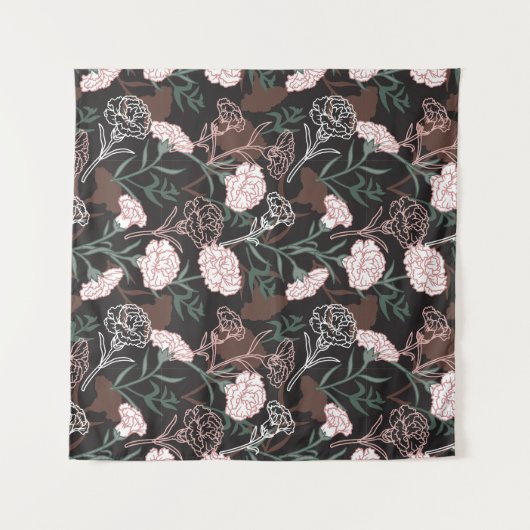 繊細なピンクのカーネーションとグリーン離れフローラ タペストリー (正面(横))