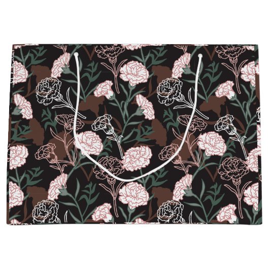 繊細なピンクのカーネーションとグリーン離れフローラ ラージペーパーバッグ (正面)