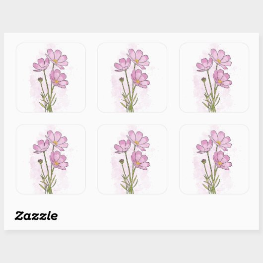 繊細なピンクのコスモス花の水色 スクエアシール (シート)