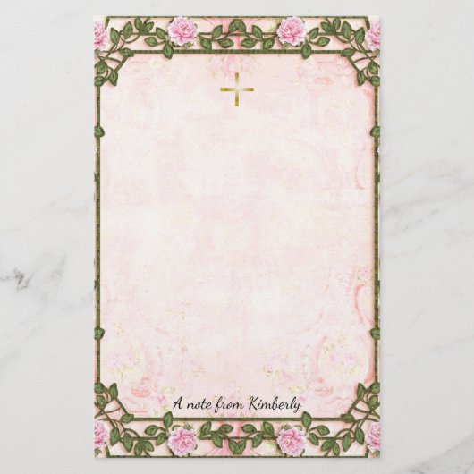 繊細なピンクのバラのつる植物正統派クリスチャン 便箋 (正面)