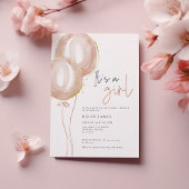 繊細なピンクのバルーンガールエレガントの赤ちゃんシャワー 招待状
