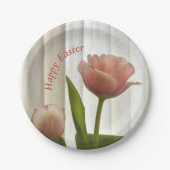 繊細なピンクのパステルチューリップ写真のイースター ペーパープレート (正面)