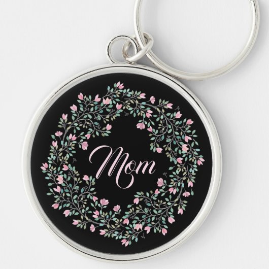 繊細なピンクのフローラリースとMom Keychain キーホルダー (正面)