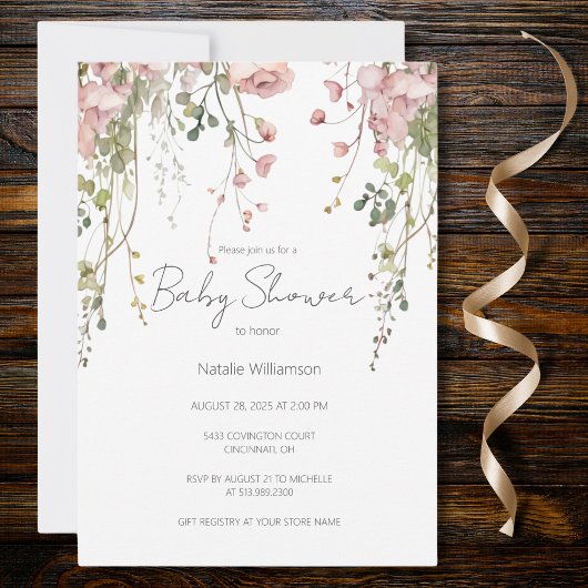 繊細なピンクのフローラ赤ちゃんシャワー 招待状