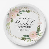 繊細なピンクのブッシュ フラワー 幾何学的なウェディング シャワー ペーパープレート (正面)