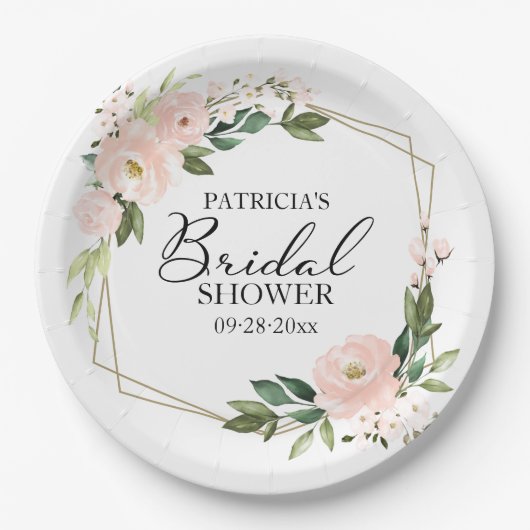 繊細なピンクのブッシュ フラワー 幾何学的なウェディング シャワー ペーパープレート (正面)