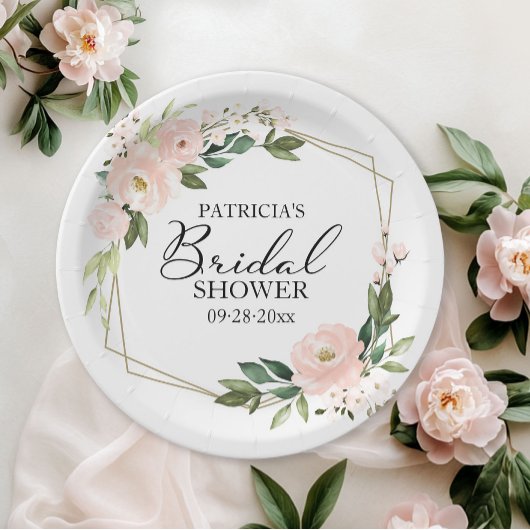 繊細なピンクのブッシュ フラワー 幾何学的なウェディング シャワー ペーパープレート