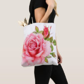 繊細なピンクのローズwiの水色イラストレーション トートバッグ (クローズアップ)
