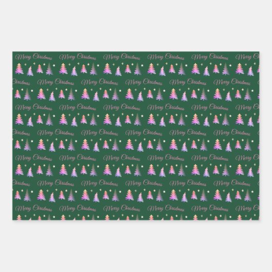 繊細なピンクの木メリークリスマスグリーン ラッピングペーパーシート (正面)