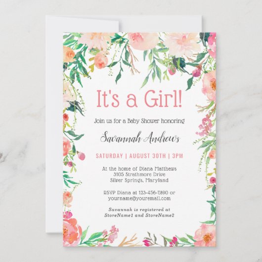 繊細なピンクの水の色のフローラ赤ちゃんシャワー 招待状 (正面)
